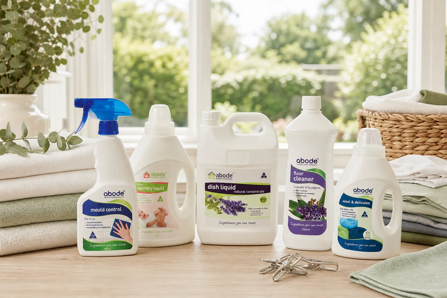 Abode Cleaning featuring Abode Natural Mould Control Spray 500ml, Abode Natural Laundry Liquid Baby 1L, Abode Natural Dishwas