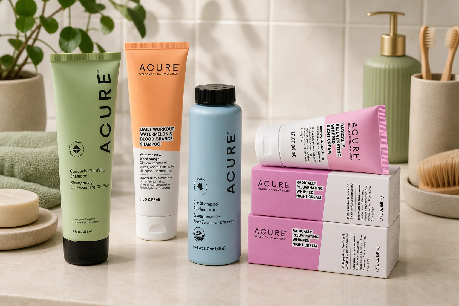 Acure Organics featuring Acure Curiously Clarifying Shampoo 236ml, Acure Daily Workout Shampoo 236ml, Acure Dry Shampoo For A