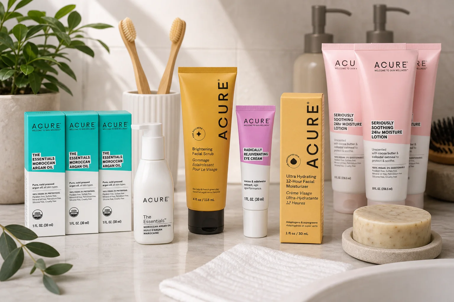 Skin featuring Acure Brightening Facial Scrub 118ml, Acure Radically Rejuvenating Eye Cream 30ml, Acure Seriously Soothing 24