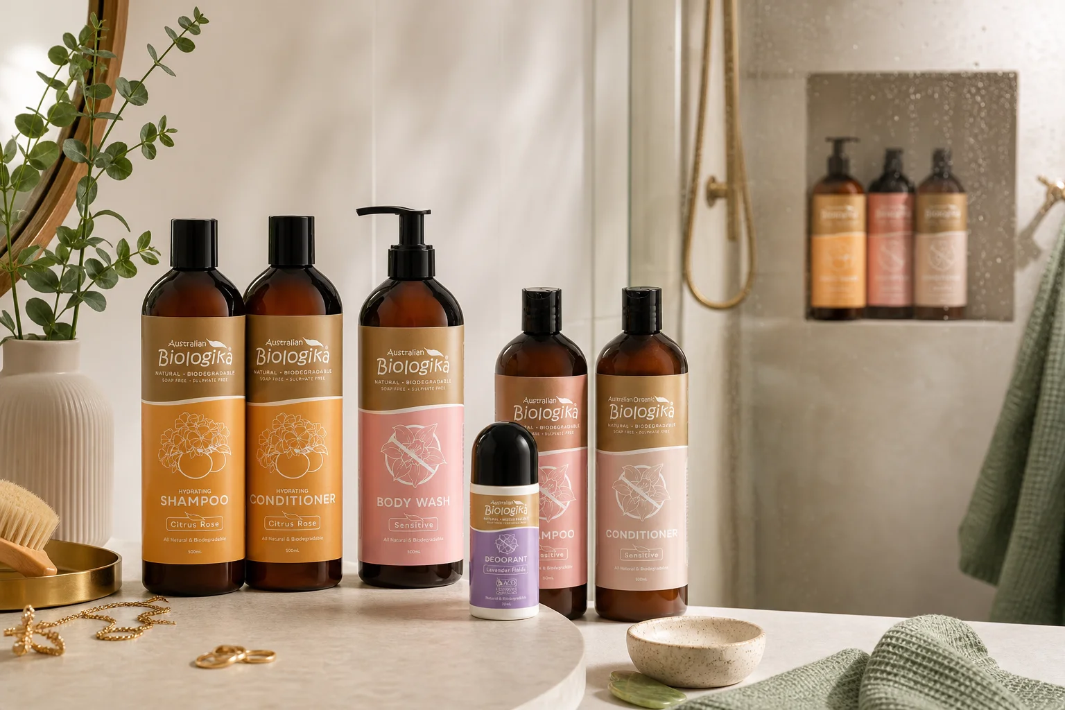 Biologika featuring Biologika Citrus Rose Conditioner 500ml, Biologika Citrus Rose Shampoo 500ml, Biologika Sensitive Body Wa