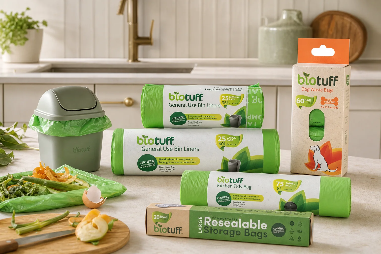 BioTuff compostable bin liners, freezer bags, storage bags and dog waste bags