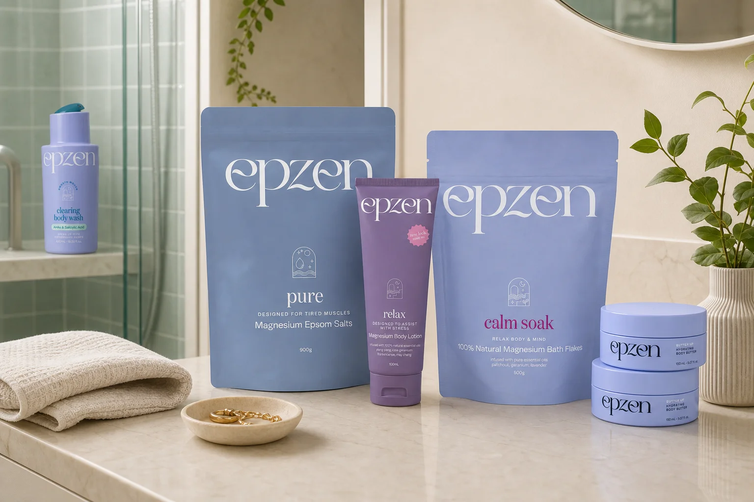 Epzen featuring Epzen Magnesium Epsom Salts Pure 900g, Epzen Magnesium Body Lotion Relax 100ml, Epzen Magnesium Bath Flakes C