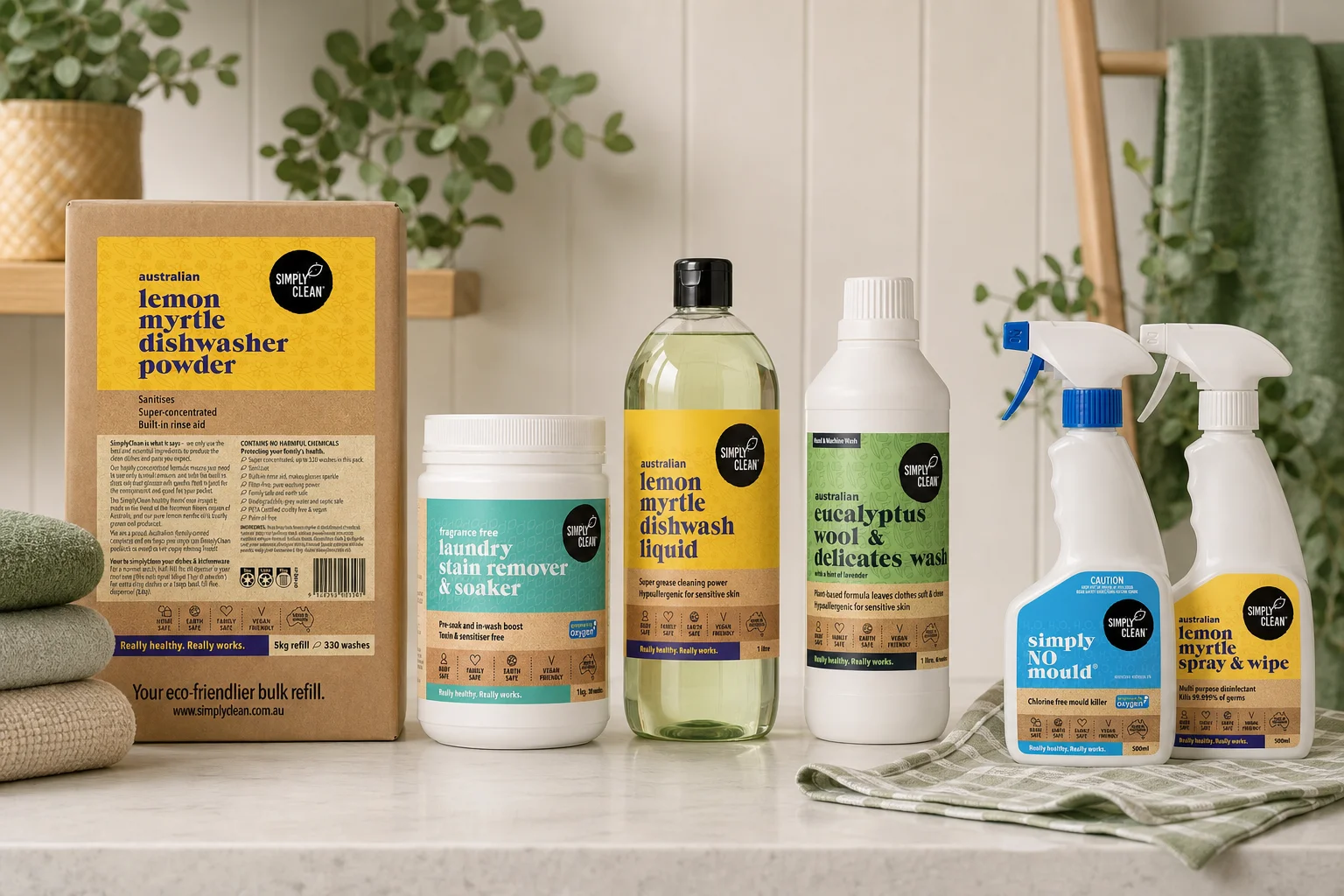 Simply Clean featuring Simply Clean Dishwasher Powder Lemon Myrtle 5kg, Simply Clean Laundry Stain Remover & Soaker Fragrance