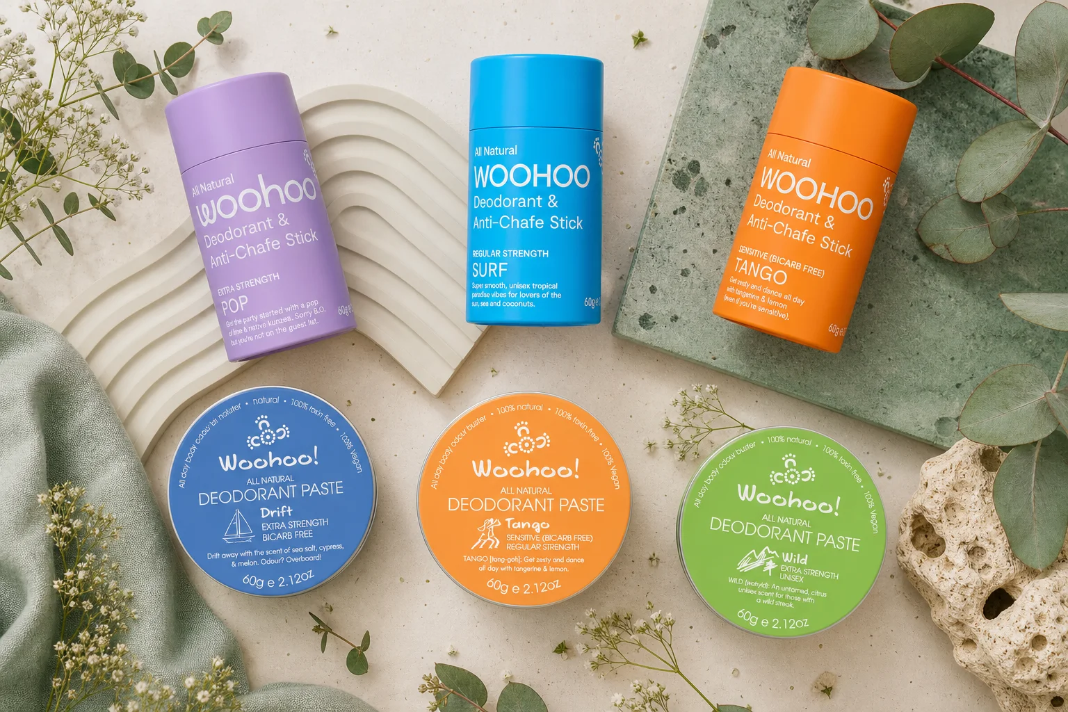 Woohoo Deodorant featuring Woohoo Natural Deodorant & Anti Chafe Stick Surf 60g, Woohoo Natural Deodorant & Anti Chafe Stick 