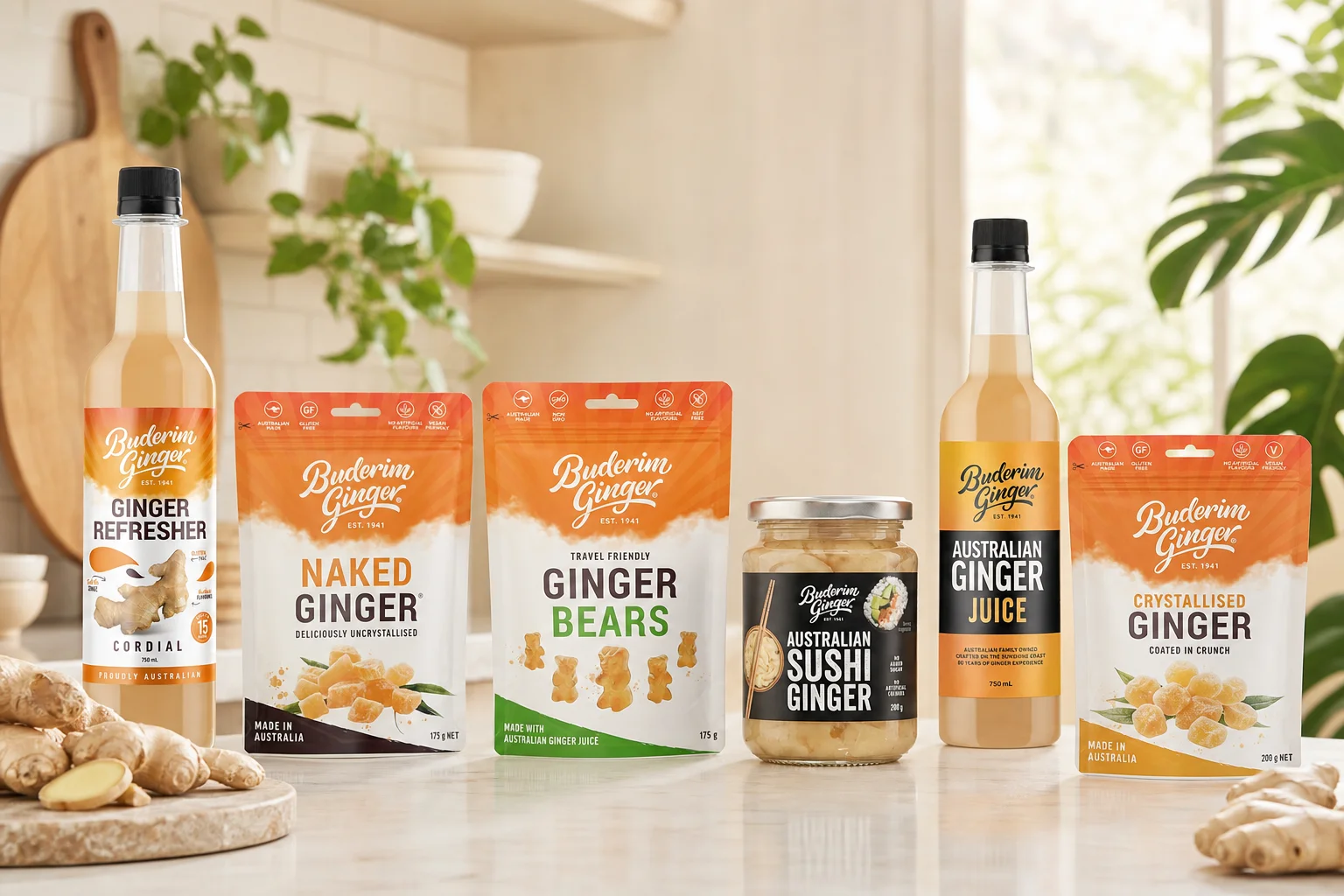 Ginger featuring Buderim Ginger Ginger Refresher Cordial 750ml, Buderim Ginger Naked Ginger Deliciously Uncrystallised 175g, 