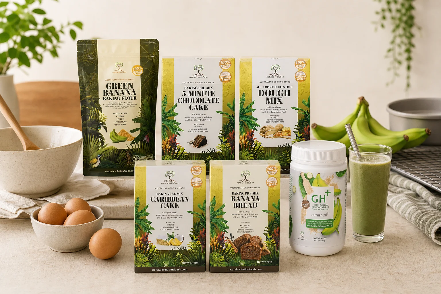 Natural Evolution featuring 5-Minute Chocolate Cake Mix, All Purpose Dough Mix, GH+ Green Banana Resistant Starch 3-in-1 Mult