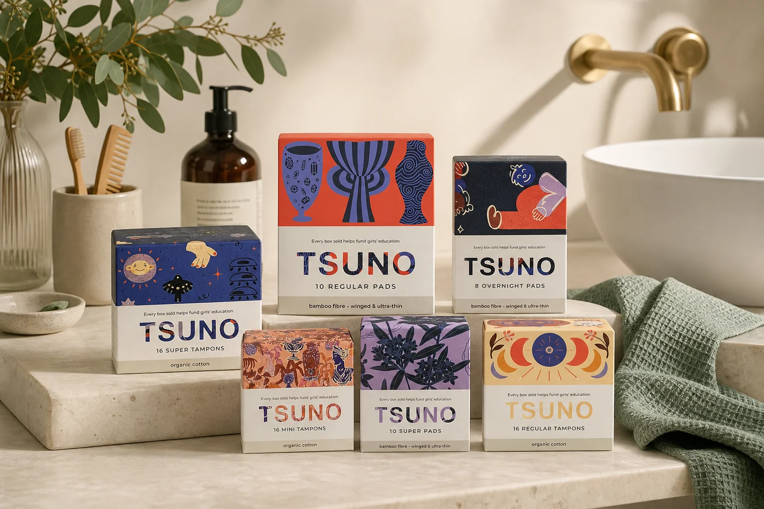 Tsuno featuring Natural Bamboo Pads Regular Winged & Ultra Thin, Organic Cotton Tampons Super, Natural Bamboo Pads Overnight 