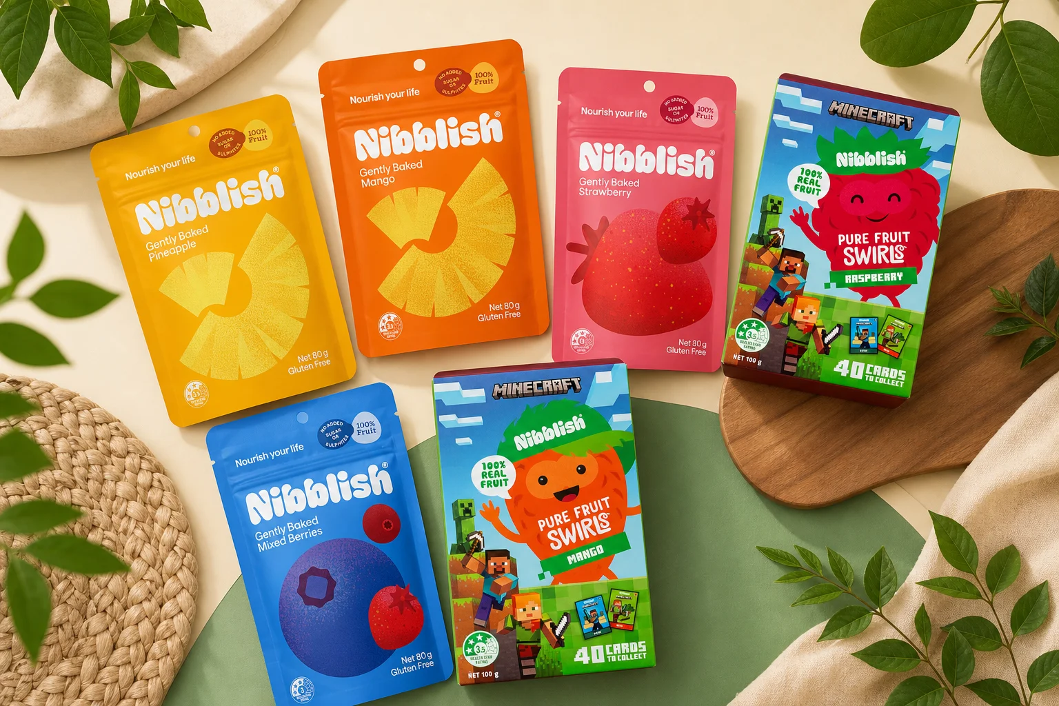 Nibblish featuring Nibblish Gently Baked Pineapple 80g, Gently Baked Mango, Pure Fruit Swirls Raspberry, Gently Baked Strawbe