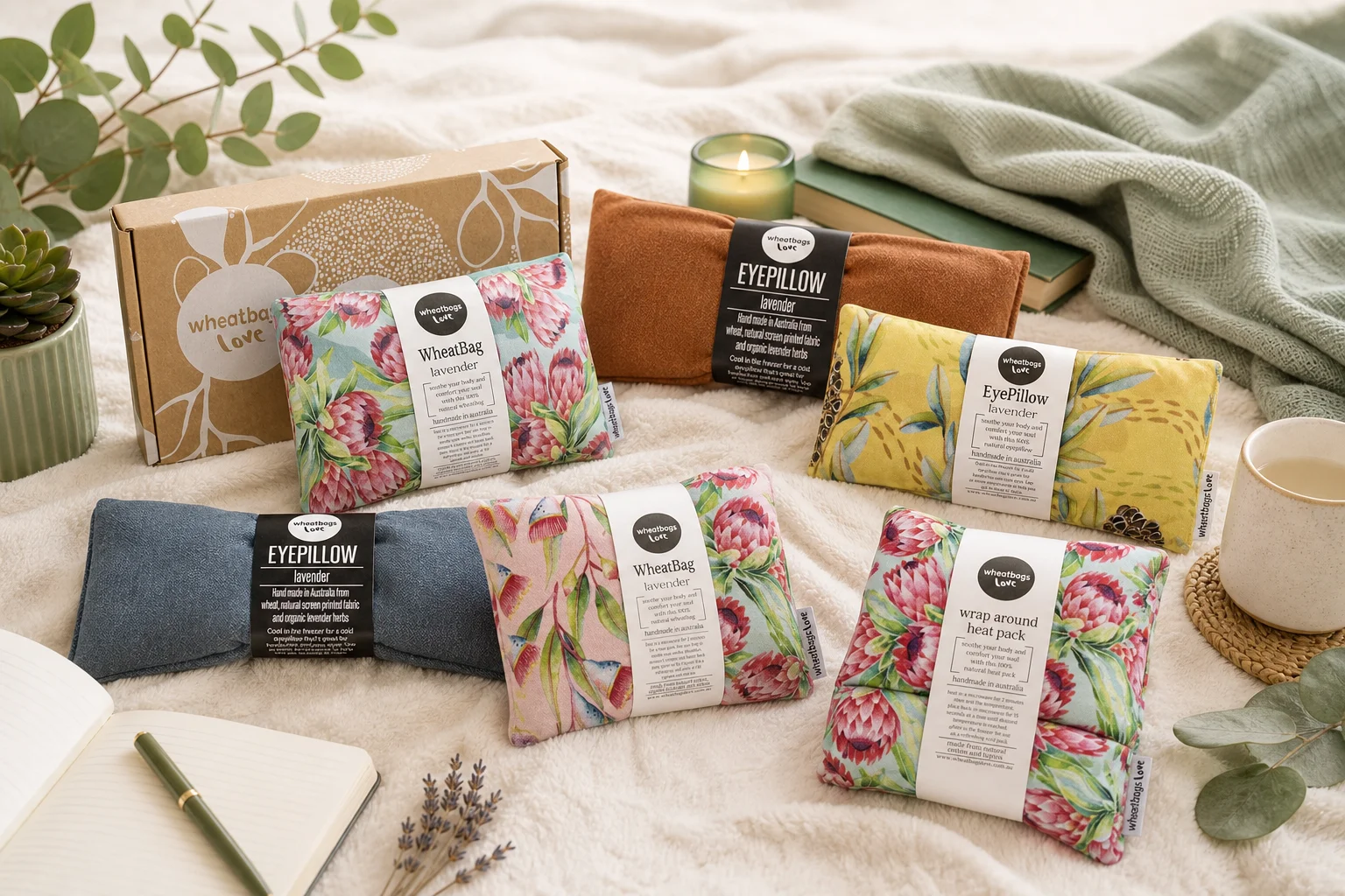Wheatbags Love featuring Wheatbag Protea Lavender Scented, Eyepillow Luxe Linen Copper Lavender Scented, Eyepillow Banksia Po