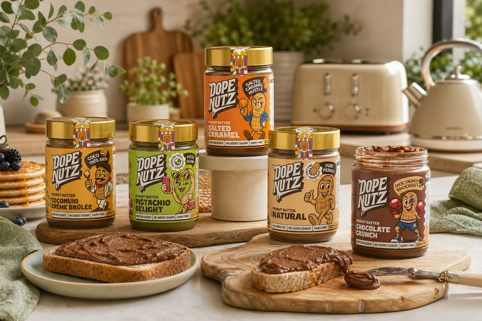 Dope Nutz featuring Dope Nutz Peanut Butter Choc Crunch 325g, Dope Nutz Peanut Butter Salted Carmel 325g, Dope Nutz Peanut Bu