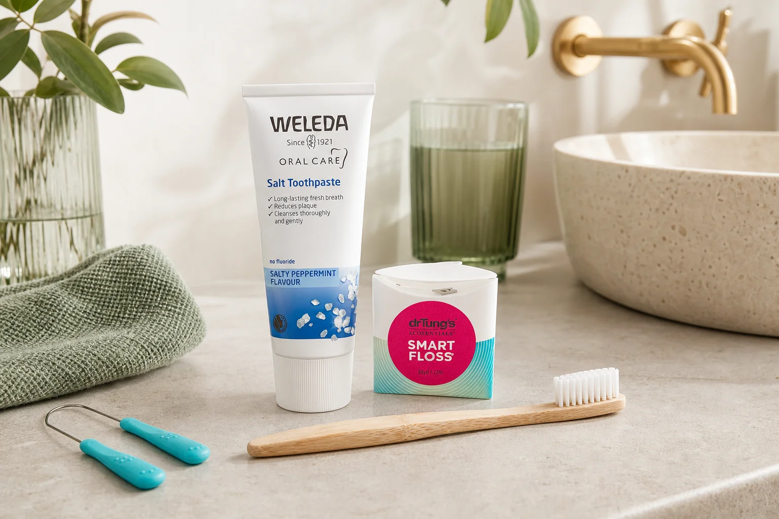 Toothpaste, dental floss and a stainless steel tongue scraper from the dental care range