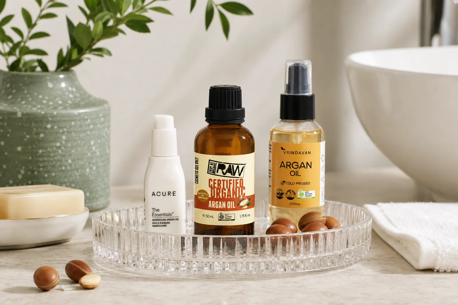 Argan Oil featuring Acure The Essentials Argan Oil 30ml, Every Bit Organic Argan Oil 50ml, Vrindavan Argan Oil Cold Pressed 1