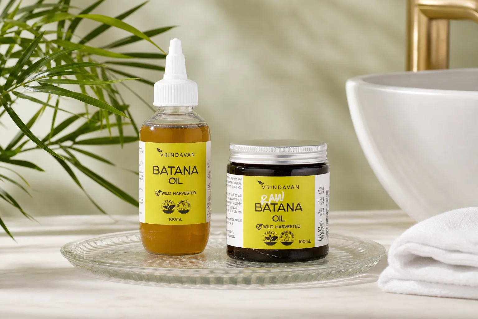 Batana Oil featuring Vrindavan Batana Oil 100ml, Vrindavan Raw Batana Oil 100ml glass jar