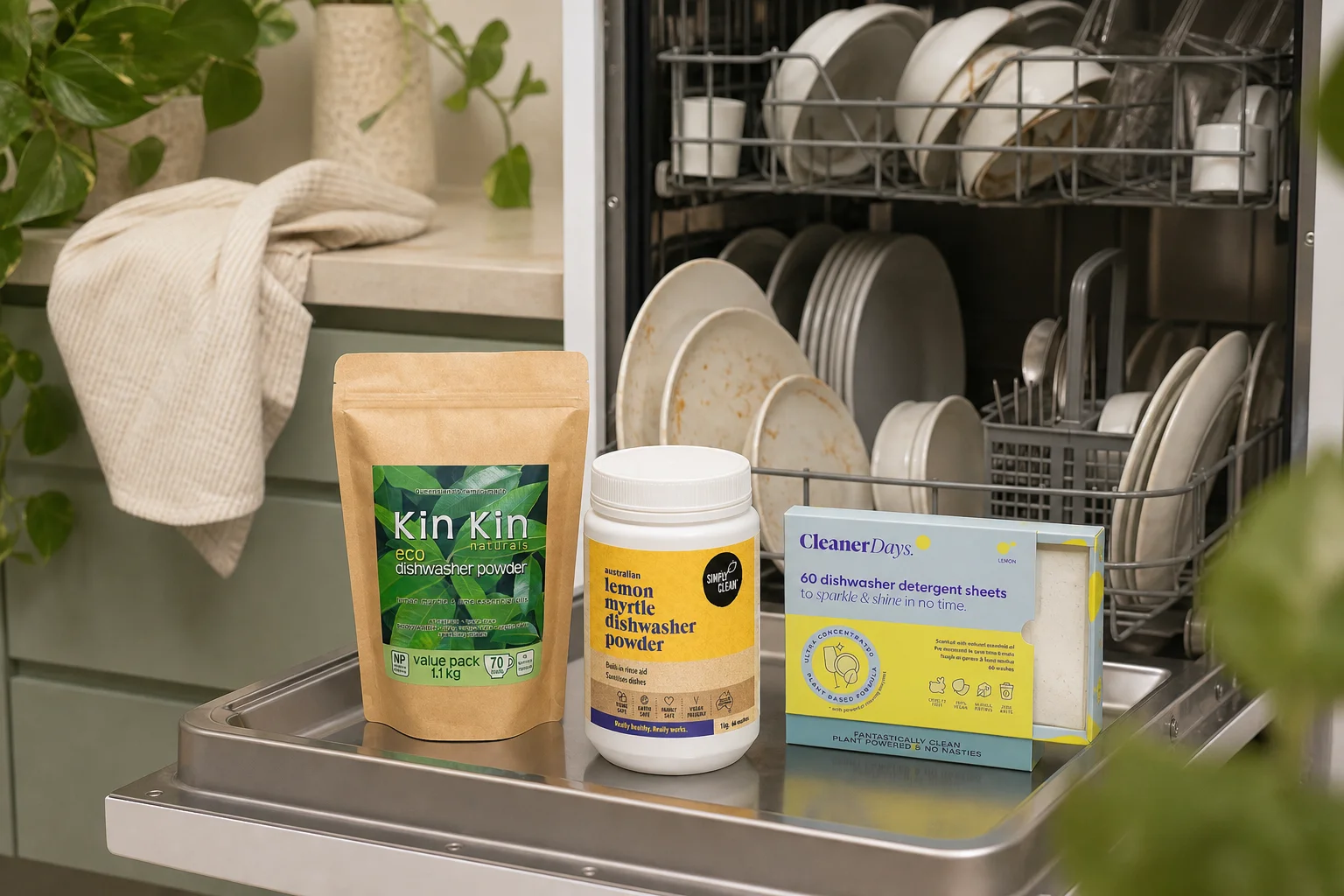 Automatic Dishwasher featuring Kin Kin Dishwasher Powder Lemon Myrtle Lime 1.1kg, Simply Clean Dishwasher Powder Lemon Myrtle