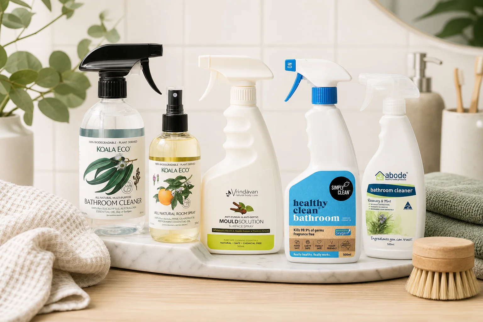 Bathroom featuring Koala Eco Multi-Purpose Bathroom Cleaner 500ml, Koala Eco Room Spray 250ml, Vrindavan Mould Solution Surfa
