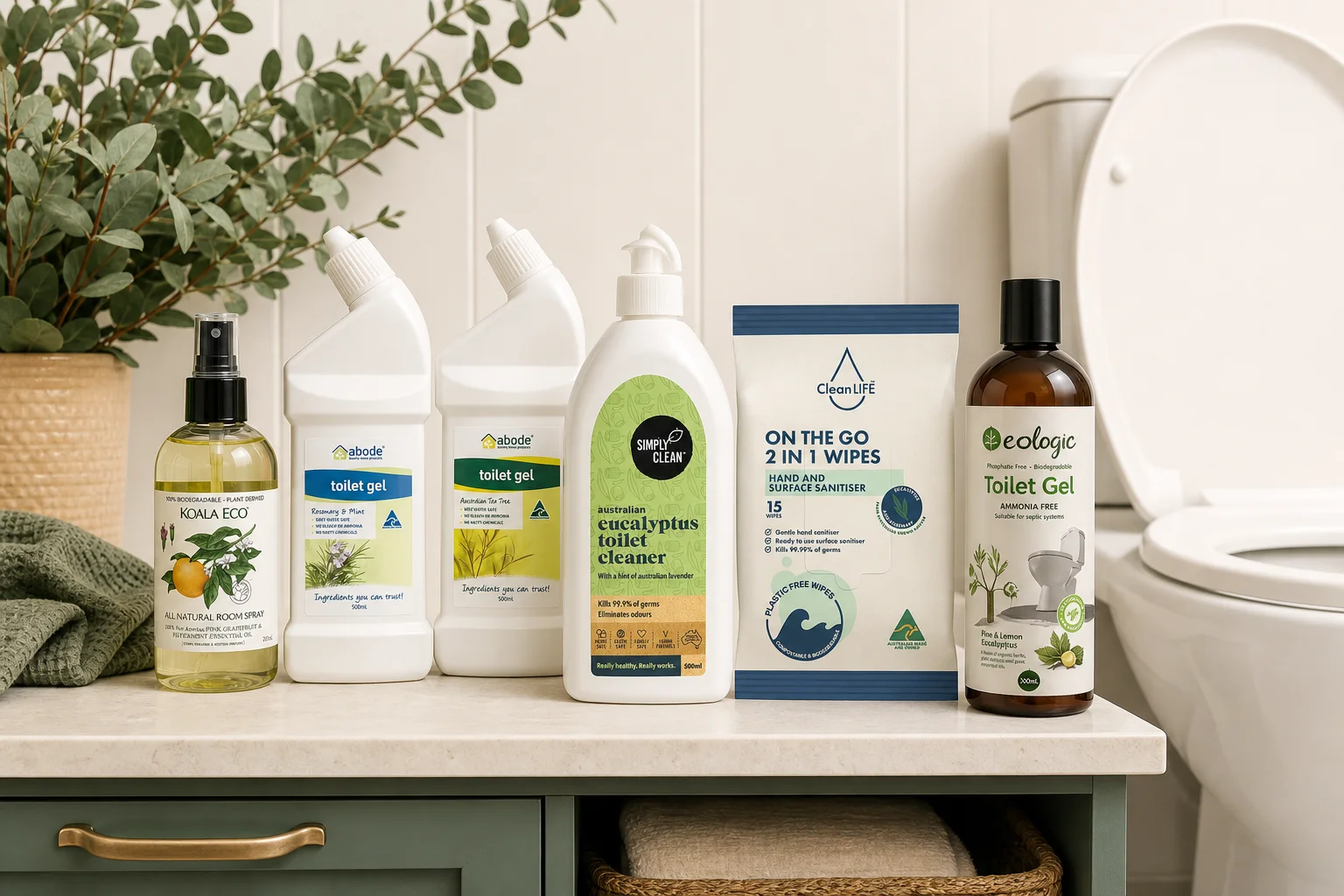 Toilet featuring Koala Eco Room Spray 250ml, Simply Clean Toilet Cleaner Eucalyptus 500ml, Abode Natural Toilet Cleaner Gel R