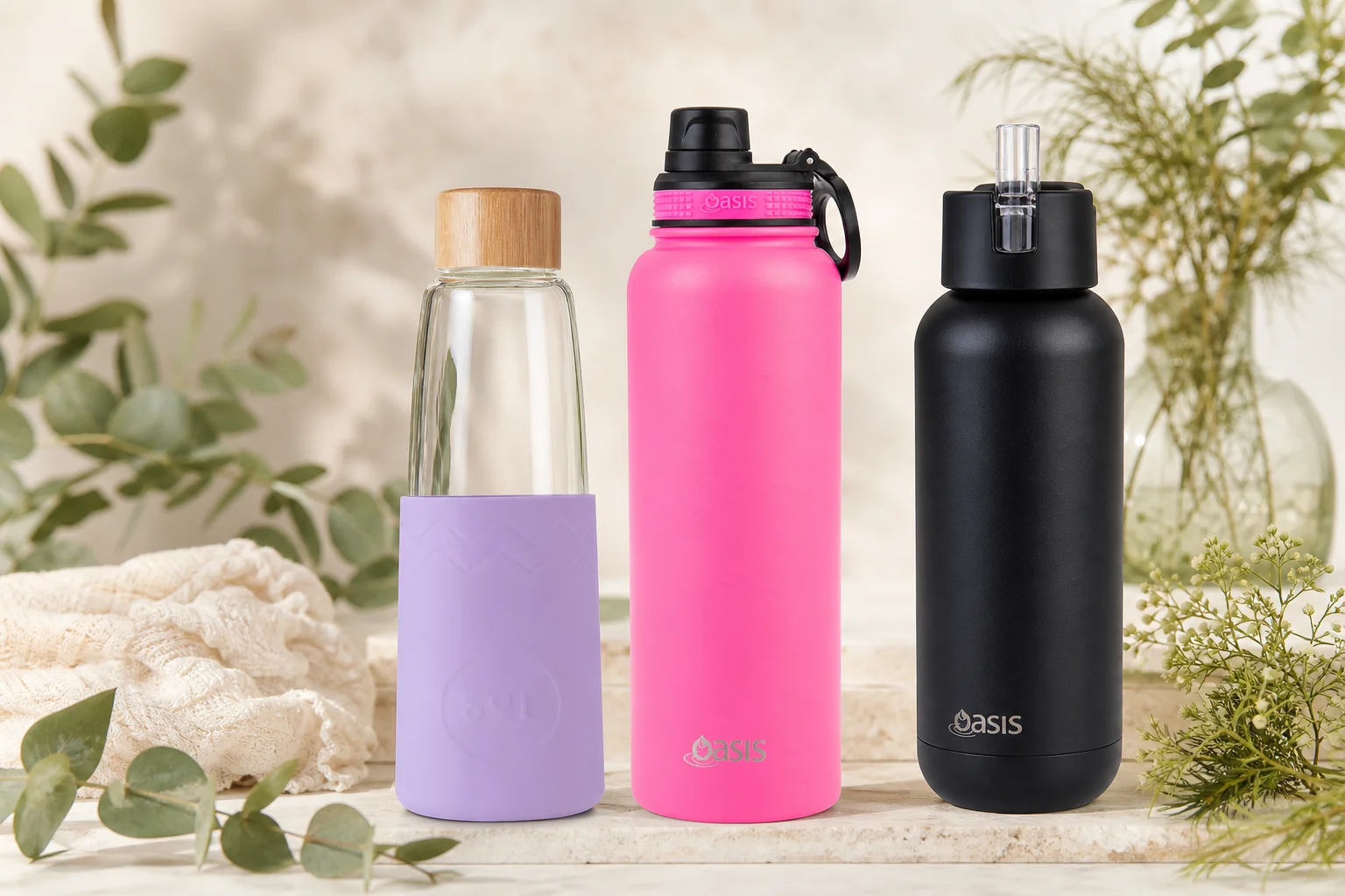 1 Litre Water Bottles featuring Sol Glass Water Bottle Lovely Lavender 850ml, Oasis Insulated Water Bottle with Screw Cap Neo