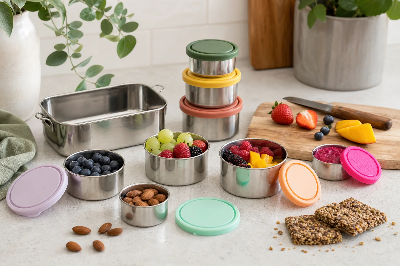 Snack Pots featuring Ever Eco Stainless Steel Nesting Containers Spring Pastels 3 Pack, Ever Eco Stainless Steel Stackable Be
