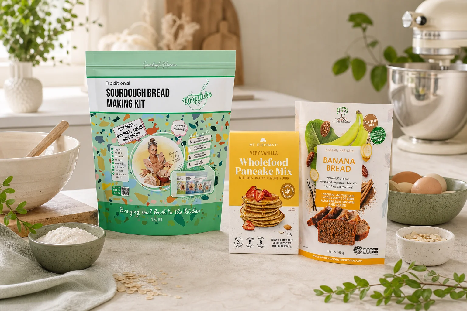 Baking featuring Sourdough Mumma Sourdough Bread Making Kit Traditional 1.52kg, Mt Elephant Wholefood Pancake Mix Very Vanill