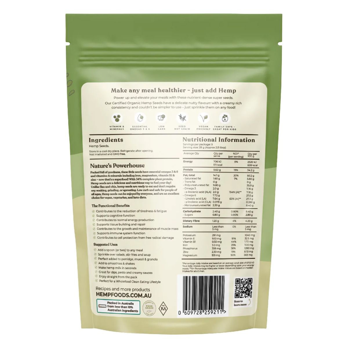 Hemp Foods Australia Organic Hemp Seeds Hulled 250g