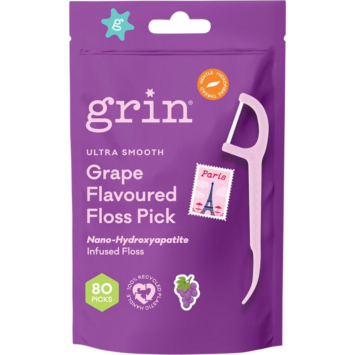 Grin Ultra Smooth Floss Picks Grape Flavoured 80 pack