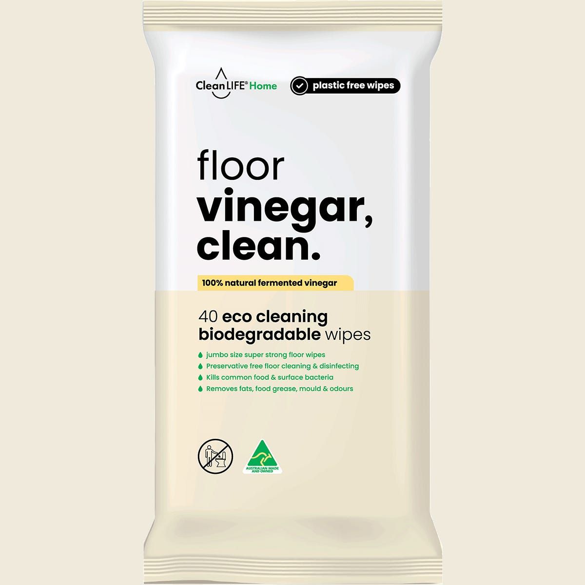 Cleanlife Vinegar Clean Floor Plastic Free Wipes 40pk