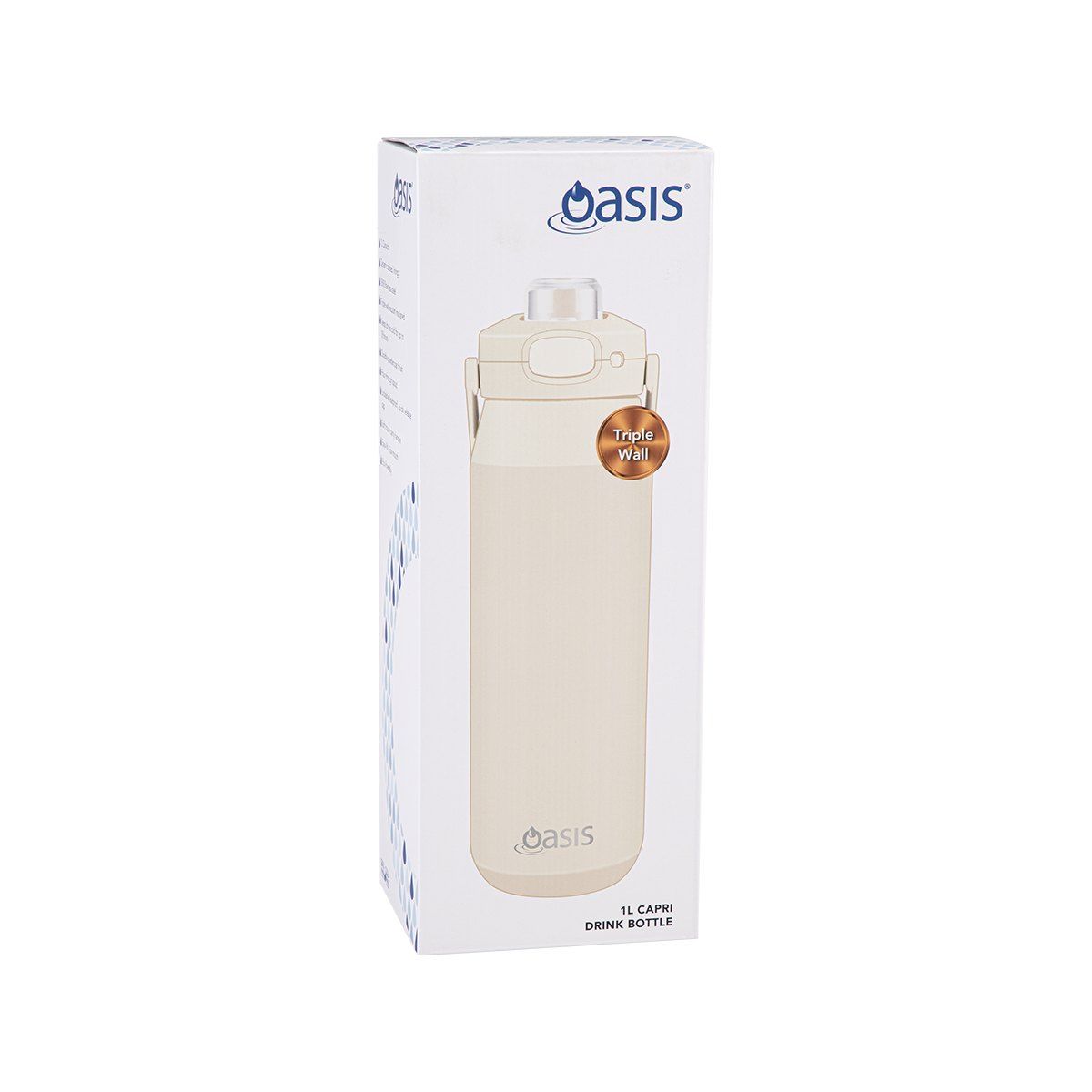OASIS CERAMIC LINED STAINLESS STEEL TRIPLE WALL INSULATED 'CAPRI' DRINK BOTTLE W/ QUICK RELEASE LID 1L ALABASTER