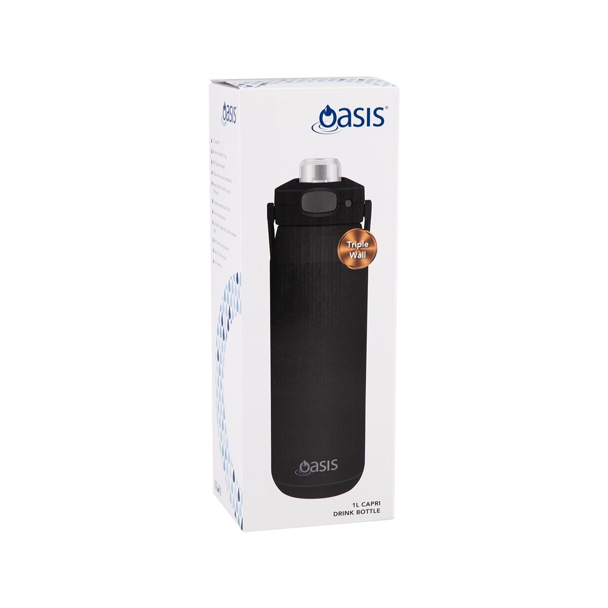 OASIS CERAMIC LINED STAINLESS STEEL TRIPLE WALL INSULATED 'CAPRI' DRINK BOTTLE W/ QUICK RELEASE LID 1L BLACK