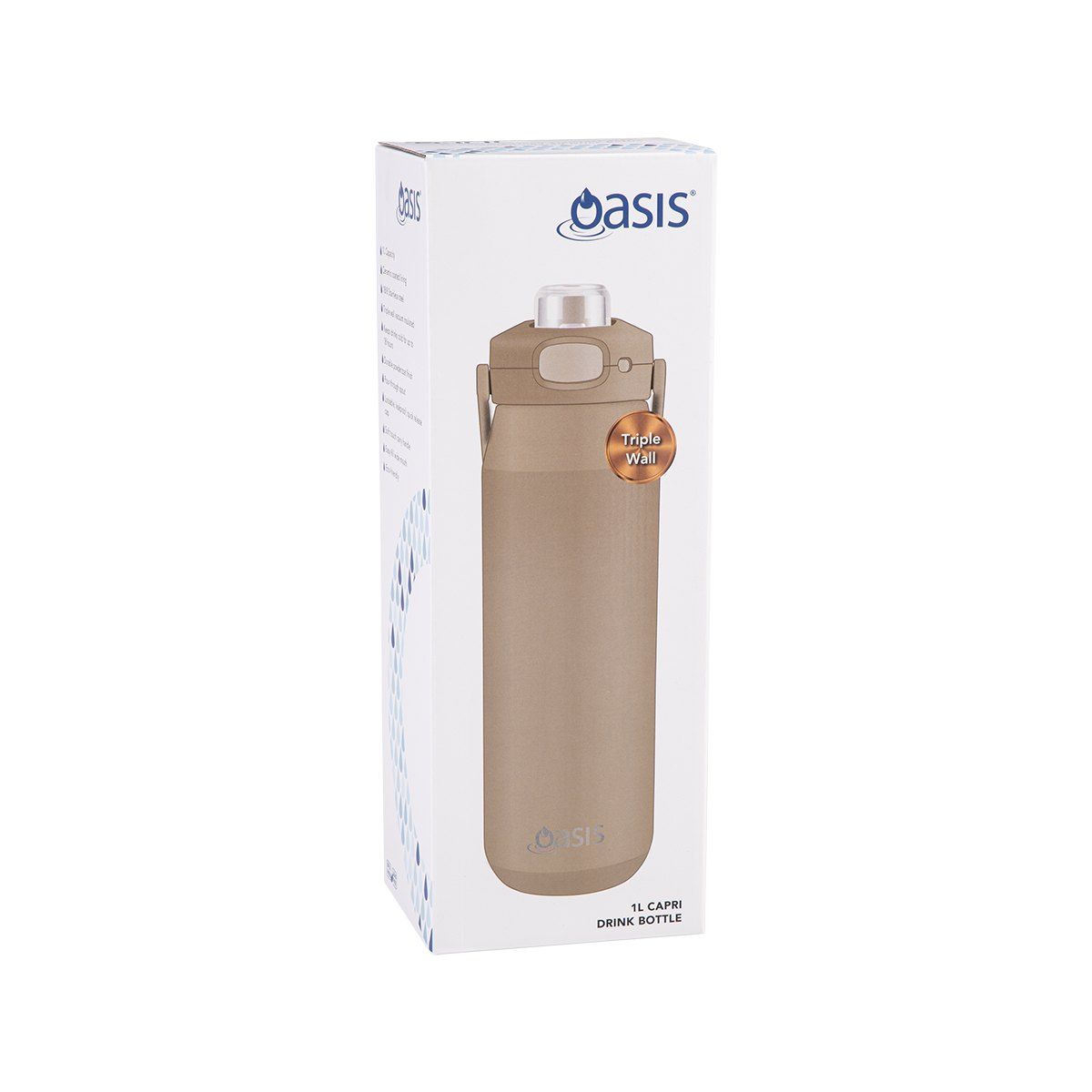 OASIS CERAMIC LINED STAINLESS STEEL TRIPLE WALL INSULATED 'CAPRI' DRINK BOTTLE W/ QUICK RELEASE LID 1L LATTE
