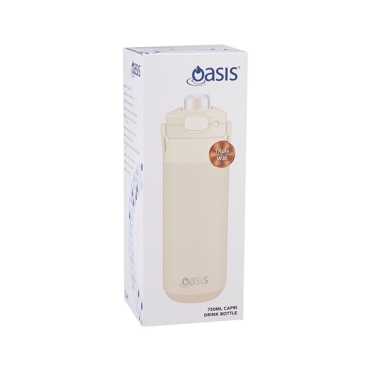 OASIS CERAMIC LINED STAINLESS STEEL TRIPLE WALL INSULATED 'CAPRI' DRINK BOTTLE W/ QUICK RELEASE LID 750ML ALABASTER
