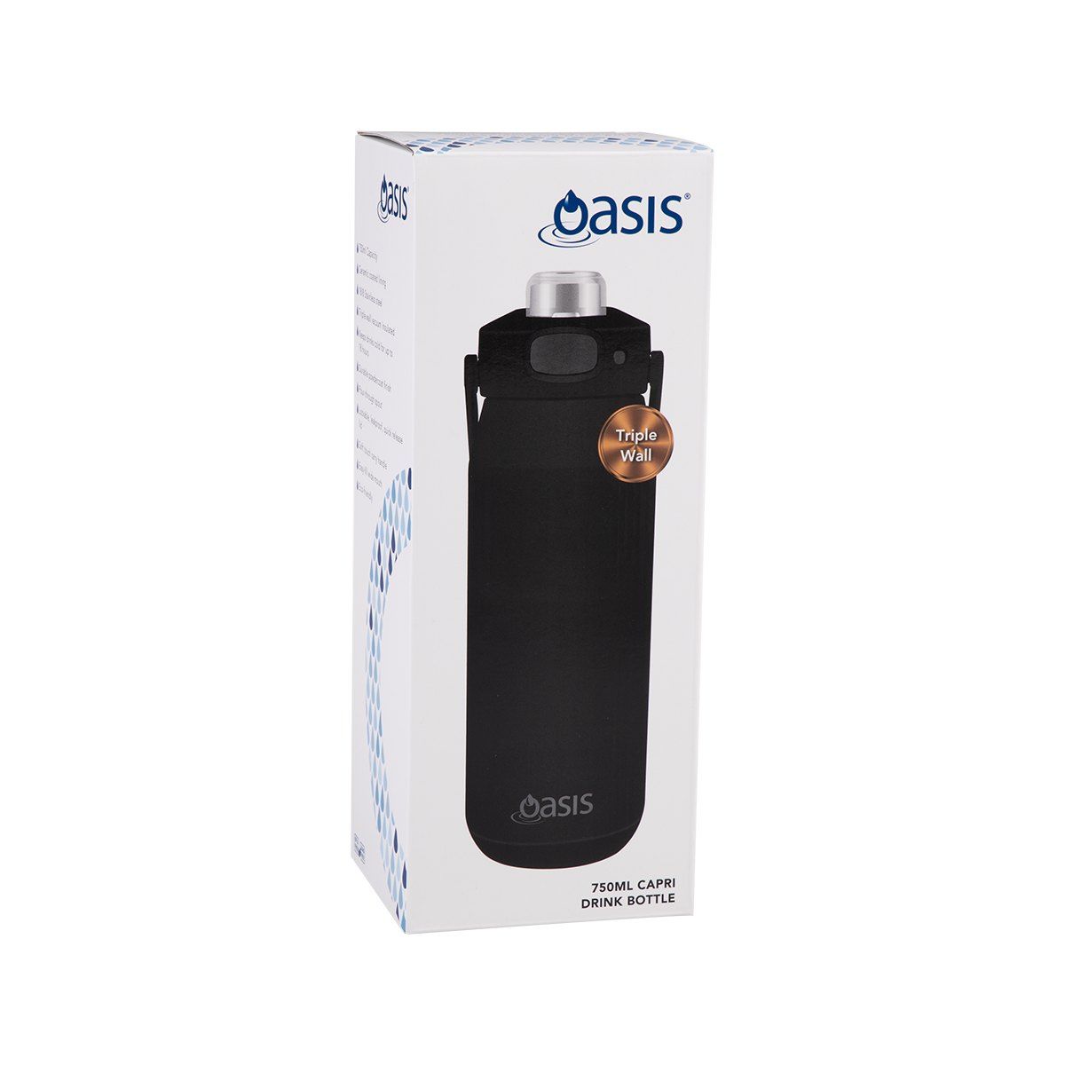 OASIS CERAMIC LINED STAINLESS STEEL TRIPLE WALL INSULATED 'CAPRI' DRINK BOTTLE W/ QUICK RELEASE LID 750ML BLACK
