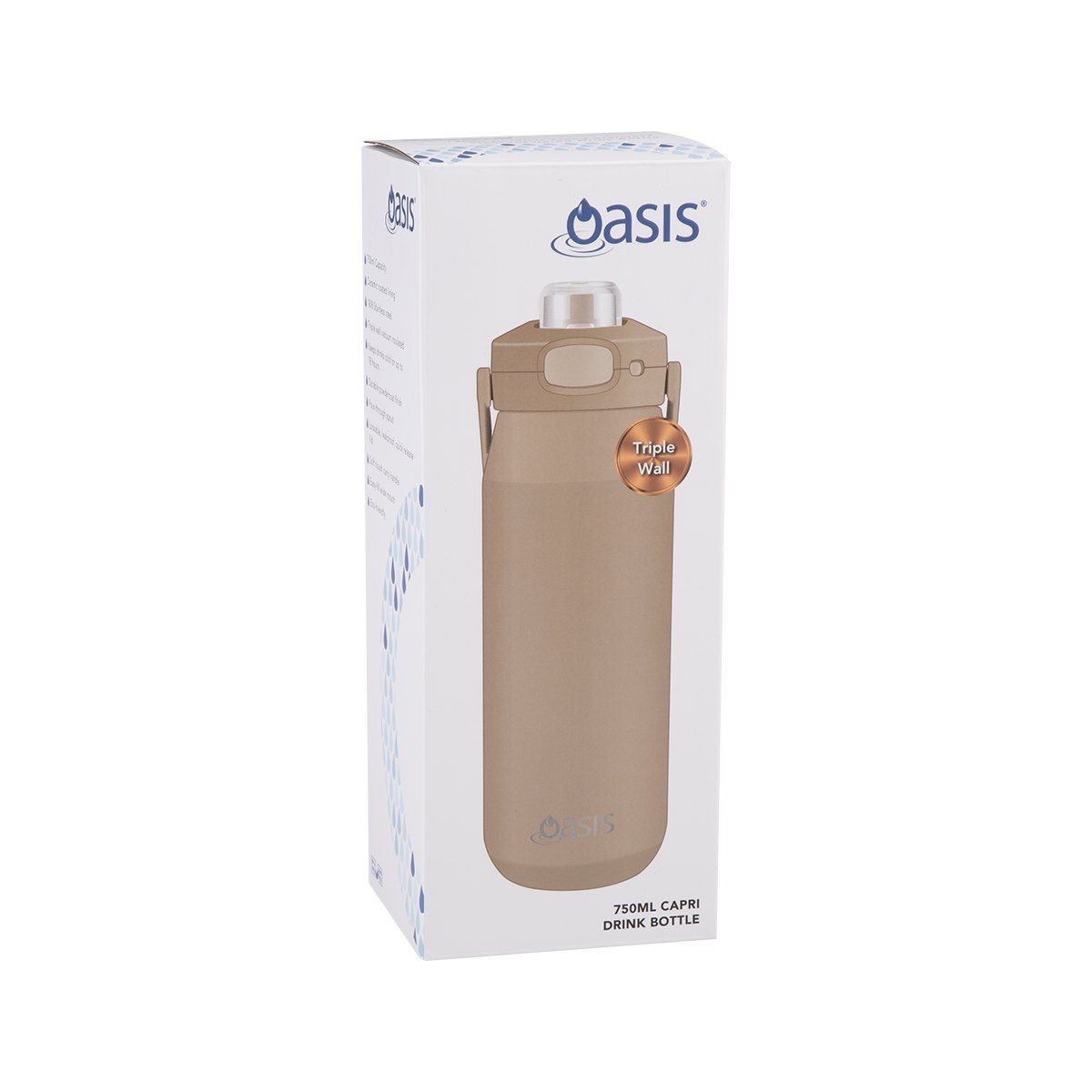 OASIS CERAMIC LINED STAINLESS STEEL TRIPLE WALL INSULATED 'CAPRI' DRINK BOTTLE W/ QUICK RELEASE LID 750ML LATTE