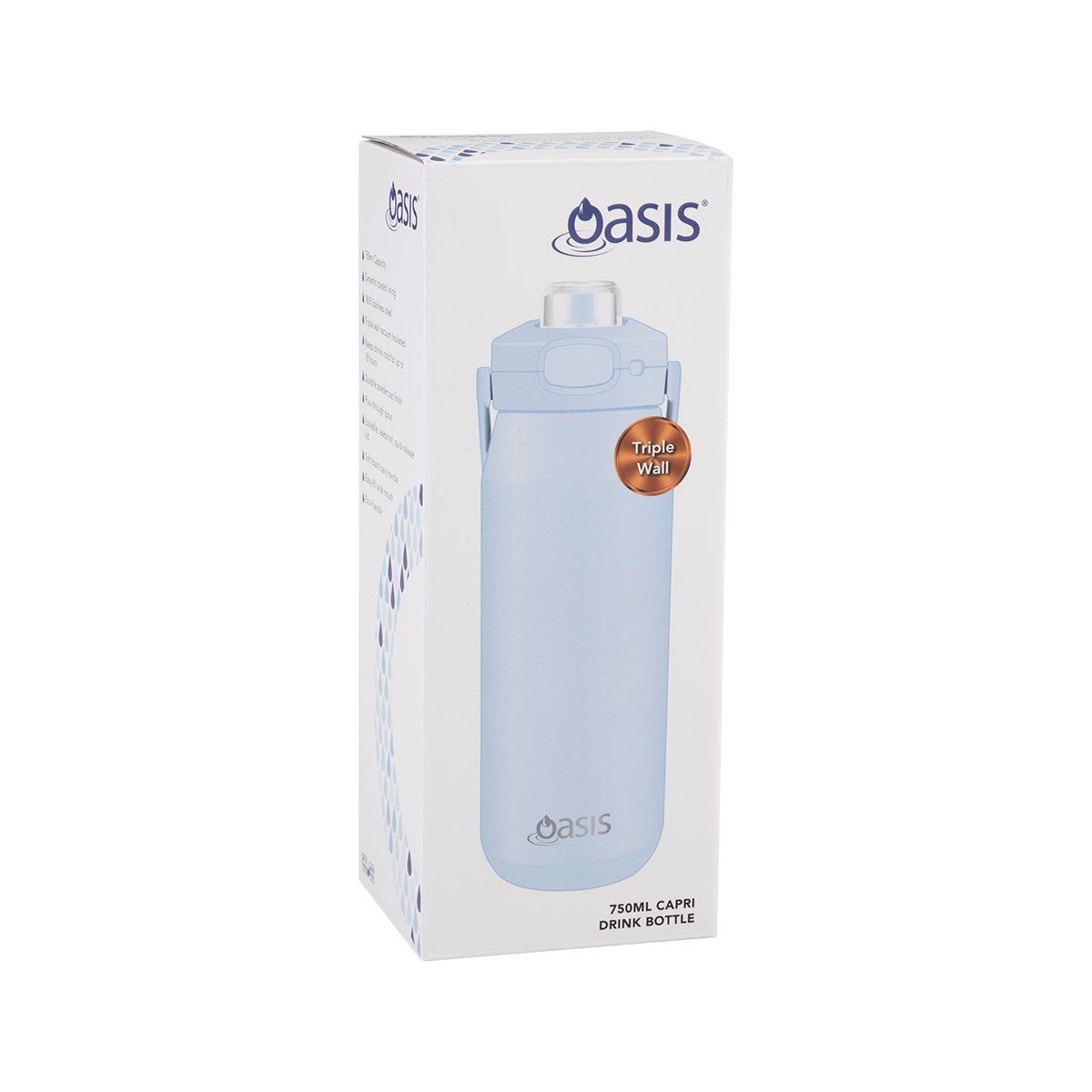OASIS CERAMIC LINED STAINLESS STEEL TRIPLE WALL INSULATED 'CAPRI' DRINK BOTTLE W/ QUICK RELEASE LID 750ML PERIWINKLE
