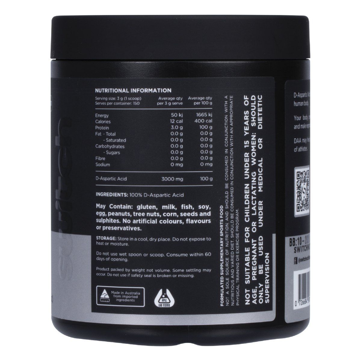 Switch Nutrition DAA 100% Pure D-Aspartic Acid Unflavoured 150g