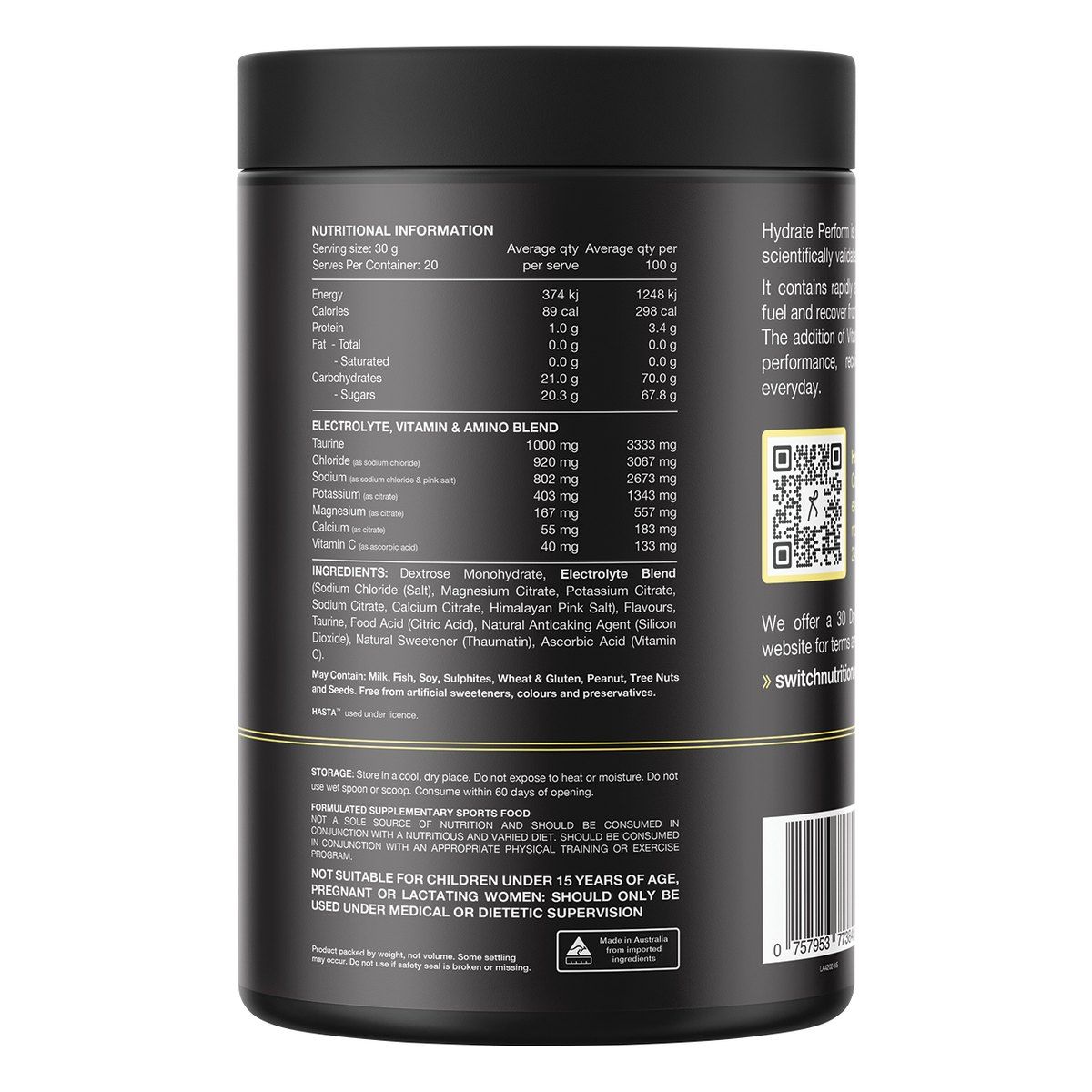 Switch Nutrition Hydrate Perform Electrolytes & Carbohydrate Kiwi Watermelon 600g