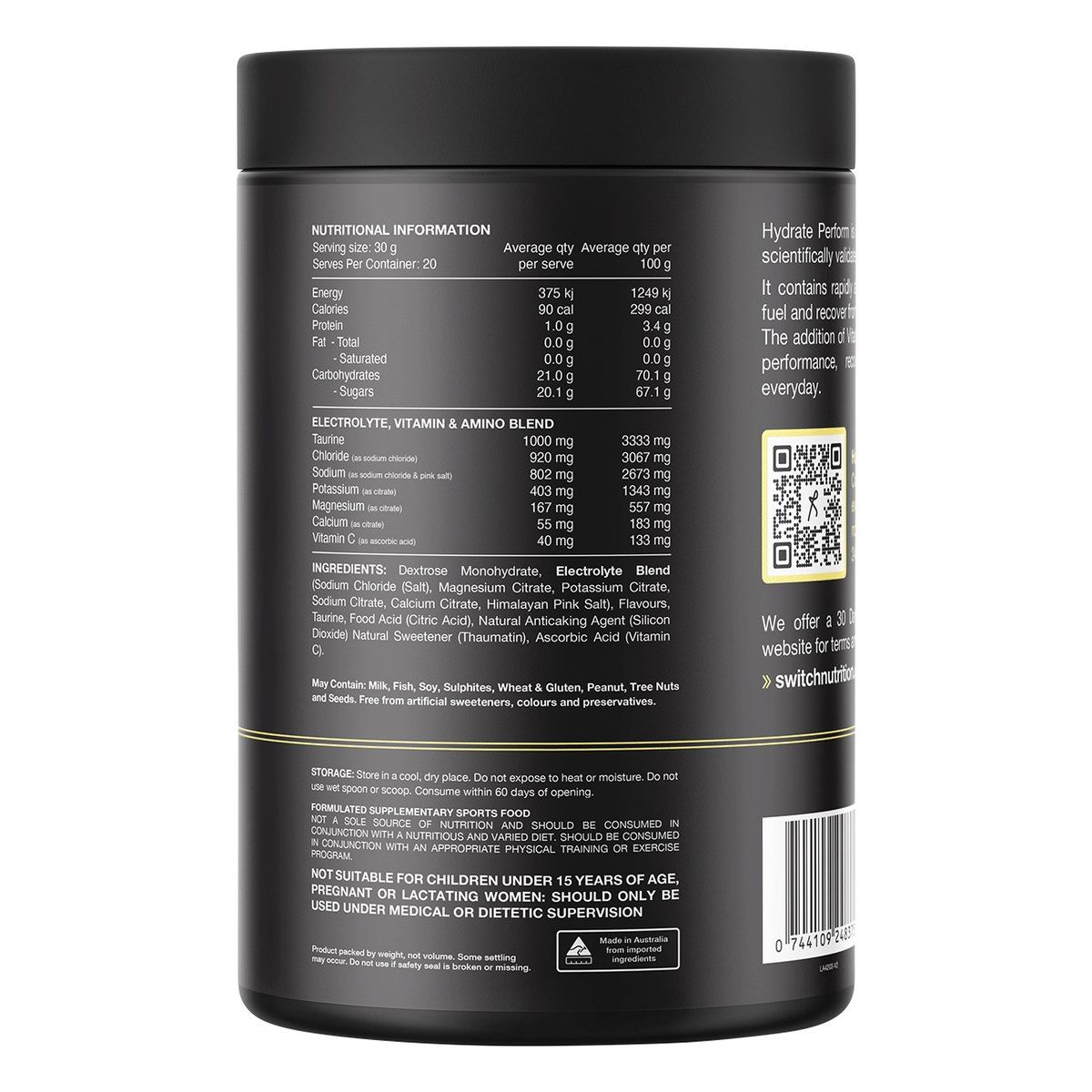 Switch Nutrition Hydrate Perform Hasta Hydrate & Carbs Raspberry Lemonade 600g