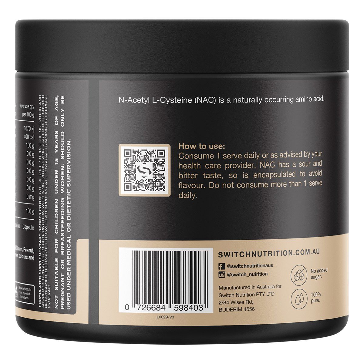 Switch Nutrition NAC 100% N-Acetyl L-Cysteine 60 Caps